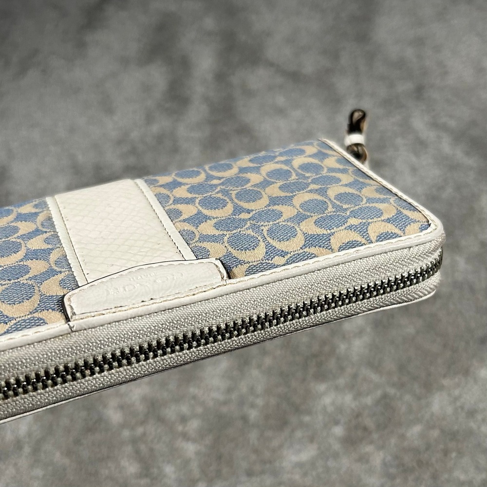 Coach Signature Jacquard Accordion Zip Wallet Cream Python Stripe Blue Tan - Picture 3 of 6